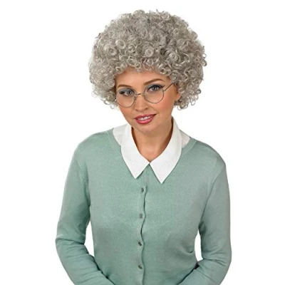 Image of Fun Shack Old Woman Grey Afro Wig, Lady Wigs for Women, Curly Wig Fancy Dress