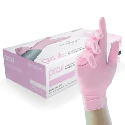 Image of Unigloves Pink Pearl Nitrile Examination Gloves Multipurpose, Powder Free and Latex Disposable Box of 100 Gloves, Pink, Small (GP0052)