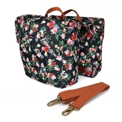 Image of TOURBON Waterproof Canvas Bicycle Bike Rear Seat Carrier Luggage Storage Bag Cycling Double Roll up Pannier Pack (Flower Pattern)