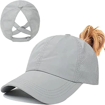Image of Womens Criss Cross Ponytail Baseball Cap,High Messy Bun Ponycap Quick Drying Mesh Outdoor Sports Hat with Hole Adjustable Travel Summer (Light Grey, One Size)