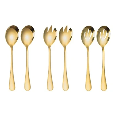 Image of ARFUKA Salad Servers Stainless Steel Serving Set Spoon and Fork Kitchen Cooking Utensil Cutlery Gifts Gold, of 6