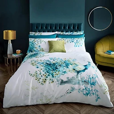 Image of Voyage Maison Wimborne Peacock Teal Blue Multi Duvet Cover Set: 100% Cotton Sateen (Standard Pillowcase Pair: 50cm x 75cm)
