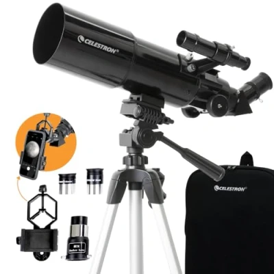 Image of Celestron 22030 Travel Scope Portable Refractor Telescope with 80mm lens, Fully Coated Glass Optics, Bonus Astronomy Software Package and Digiscoping Smartphone Adapter
