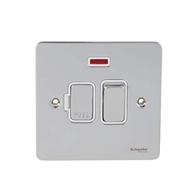 Image of Schneider Electric Ultimate Flat Plate Switched Fused Connection Unit, with Neon Indicator, 13A, GU5211WPC, Polished Chrome White Insert