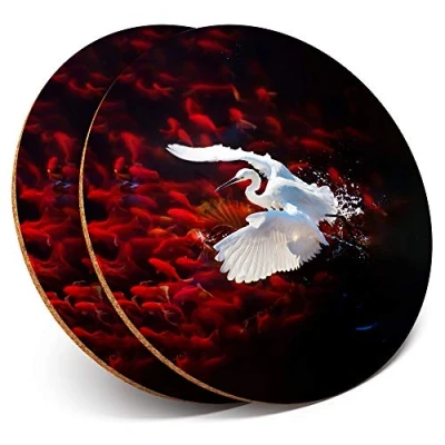 Image of 2 x Round Coasters Amazing Heron Bird Fishing Cork Backed Home Kitchen Accessory Tea Coffee Mug Mat #2761