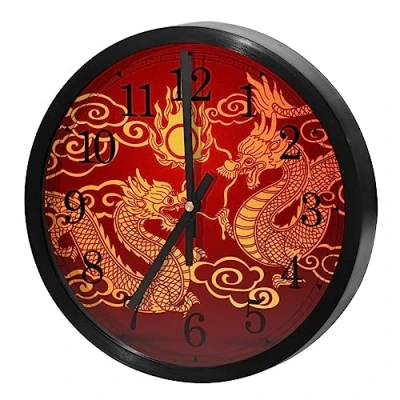 Image of VAPOKF Wall Clock Silent Non Ticking Quartz Battery Operated Round Clocks Home/Kitchen/Office/School Clock, Chinese Dragon