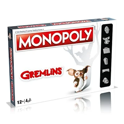 Image of Winning Moves Gremlins Monopoly Board Game, Play with Chrysalis, Gizmo, Boombox and Popcorn, Tour Kingston Falls invest in Christmas lights displays, 2 6 player game for ages 8 plus