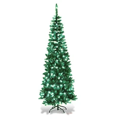 Image of SHATCHI 4Ft 8Ft Pre Lit Artificial Slim Christmas Pencil Tree Holiday Home Decorations, Pointed Tips, Warm Multicolour LEDs and Metal Stand, Green W/Cool White,