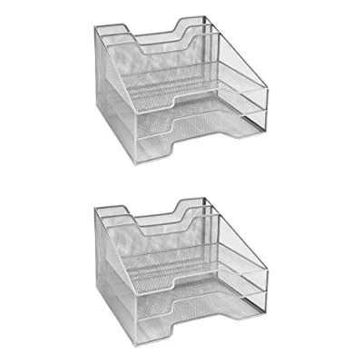 Image of OSCO Silver Wiremesh File Organiser Pack of 2 A4 Letter Tray Office Document Holder Paper Storage Desk Tidy 5 Sections No Assembly Required 24 x 32 29 cm