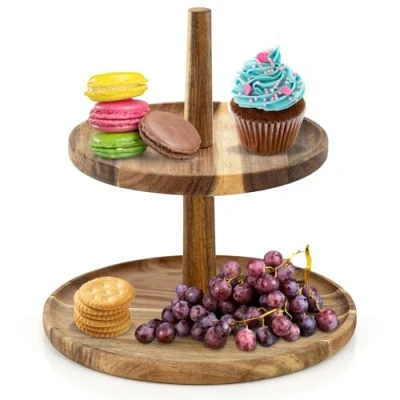 Image of GEEZY 2 Tier Wooden Cake Stand Serving Fruit Platter Tray Dessert Cupcake Holder (2 Tier)