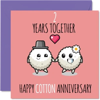 Image of Cute Cotton Anniversary Card for Boyfriend Girlfriend 2 Years Together Happy 2nd Wedding Cards Women Men, 145mm x Greeting Second Anniversaries