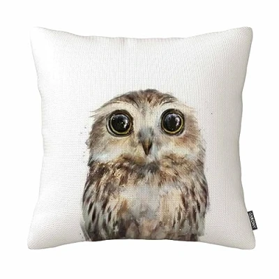 Image of Bird Art Cute Owl Wildlife Watercolor Cushion Cover Pillow Case Zippered Cotton Linen Pillowcase 18X18 Inches