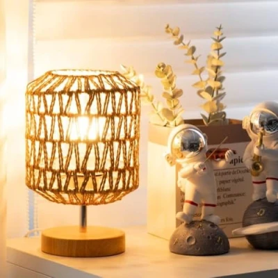 Image of GUANSHAN Vintage Paper Rope Woven Table Lamp Country Style Light Bedside Lighting Decorative Atmosphere Night for Bedroom, Living Room