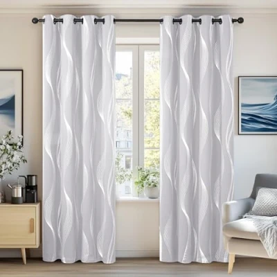 Image of Deconovo Super Soft Silver Wave Line Foil Printed Thermal Insulated Window Treatment Eyelet Blackout Curtains for Nursery 52x84 Inch Grey 2 Panels