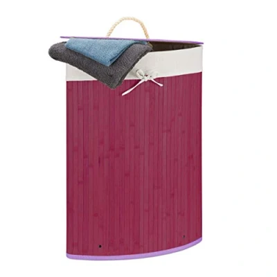 Image of Relaxdays Bamboo Corner Basket, 65 x 49.5 37 cm, 64L, Folding Hamper with Laundry Sack, Purple