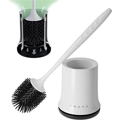 Image of CRAVE Silicone Toilet Brush with Holder Set for Bathroom and Toilet. Black Flexible Cleaner Brush. Wall Mounted &amp; Extra Long Handled Loo