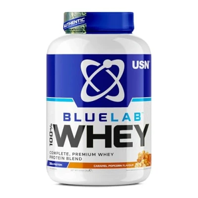 Image of USN Blue Lab Whey Protein Powder: Caramel Popcorn 2kg Post Workout Isolate Muscle Building Powder Supplement With Added BCAAs