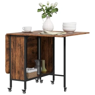 Image of HOMCOM Mobile Drop Leaf Table Folding Kitchen Extendable Dining For Small Spaces With 6 Wheels &amp; Storage Shelf Rustic Brown