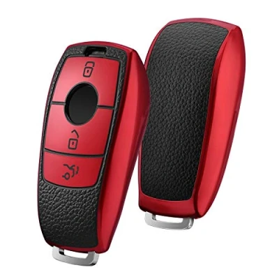 Image of OATSBASF Car key case suitable for Mercedes Benz, cover E Class 2017 S 2018 TPU silicone leather texture protective (red leather)