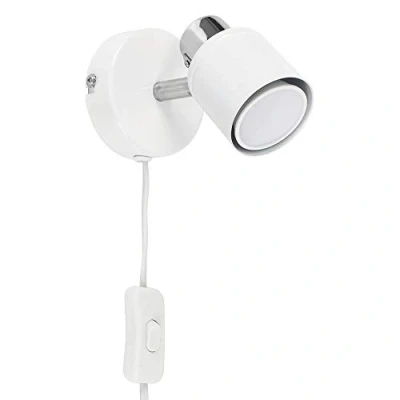 Image of MiniSun Modern White and Chrome Single Adjustable Wall Spotlight with Practical Plug, Cable Switch Supplied 1 x 5W Warm GU10 LED Bulb