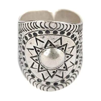 Image of 81stgeneration Karen Hill Tribe Silver Rings for Women Wide Adjustable Chunky 999 Pure Thumb Ring Handmade Tribal Jewellery Aztec Style Sun Design Boho Gift Teen Girls