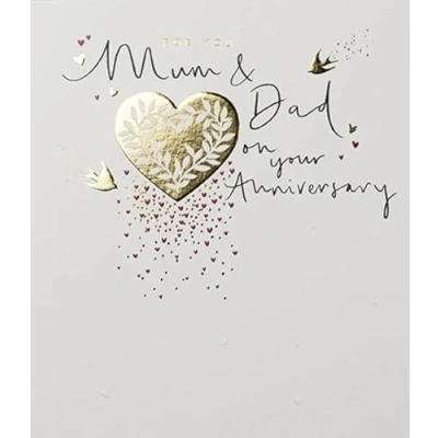 Image of Paperlink &#039;Happy Anniversary&#039; Greeting Card Mum &amp; Dad Gold Heart Swallows Embossed With A Foil Finish