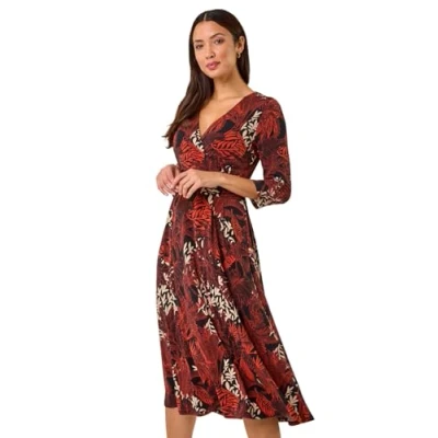Image of Roman Originals Fit and Flare Dress for Women Ladies Chest Knot Ruched Tea Skater V Neck Formal Occasion Wedding Guest Smart Casual Everyday Wear Swing Midi Knee Length Orange Noir Size 14