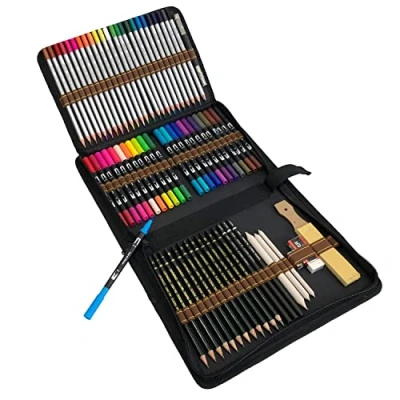 Image of Majoart Watercolour Dual Tip Brush Pens and Colouring Drawing Pencil Set,Fineliner with 24 Pencils, 12 Lead Pencils Accessories, Perfect for Adults Students