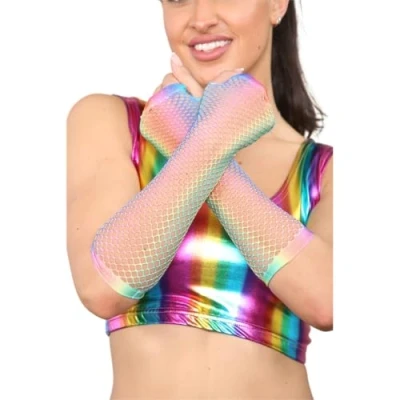 Image of Ladies Fishnet Long &amp; Short Finger less Gloves Fancy Dress Party Accessory (Rainbow, Gloves)