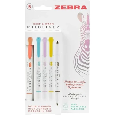 Image of Zebra Pen Dual Tip MILDLINER Warm Highlighters &amp; Colouring Pens 5pk Double Sided Felt with 4mm Broad Chisel and 1mm Fine Bullet Assorted Highlighter Colours 5 Pack