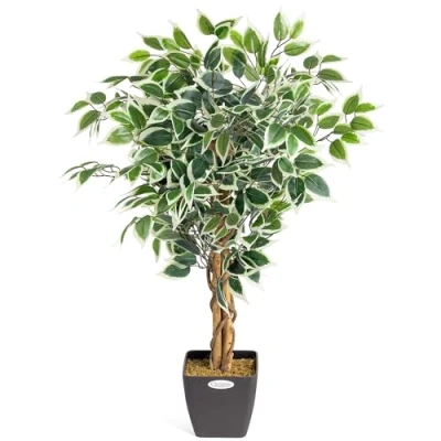 Image of CHRISTOW Artificial Ficus Tree, Fake Weeping Fig House Plant for Home Decoration, Lifelike Variegated Leaves, Natural Wooden Trunk with Twists, Weighted Pot, Indoor Outdoor (90cm / 3ft)
