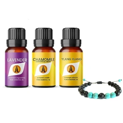 Image of Lava Stone Aromatherapy Diffuser Bracelet and Sleep Essential Oils Set Pure Lavender, Ylang &amp; Chamomile (Dilute) Oil 10ml