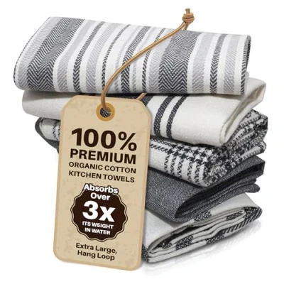 Image of LinenWeave Pack of 5 Tea towels 100% Cotton 45 x 70 cm Super Absorbent Towel Machine Washable kitchen for (5towelsCC)
