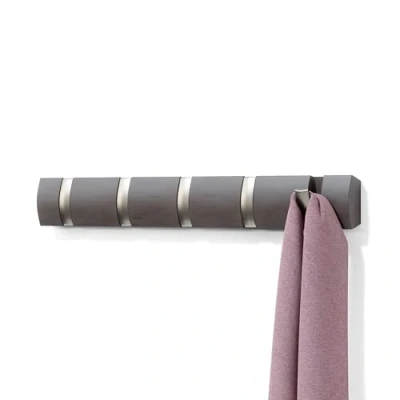 Image of Umbra Flip 5 Hook Wall Mounted Coat Rack, Modern, Sleek, Space Saving Hanger with Retractable Hooks to Hang Coats, Scarfs, Purses and More, Driftwood/Nickel