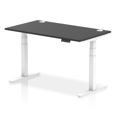 Image of Air 1400x800mm Height Adjustable Desk Black Top Cable Ports White Leg