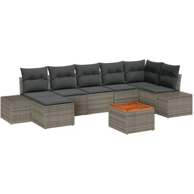 Image of vidaXL 8 Piece Garden Sofa Set with Cushions Grey Poly Rattan Acacia