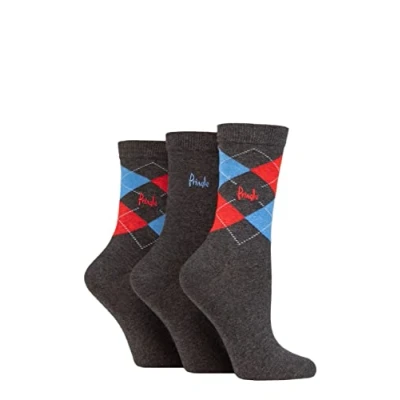 Image of Women&#039;s 3 Pair Pringle Patterned Cotton and Recycled Polyester Socks Argyle Charcoal Red / Blue UK 4 8
