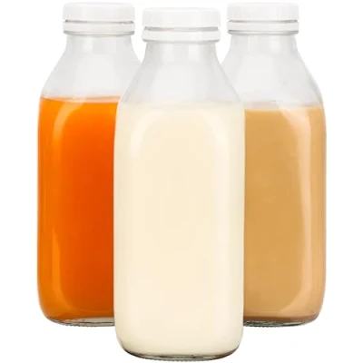Image of Belle Vous Reusable Glass Milk Bottles with Lids (3 Pack) 1L/34oz Drinking Containers Airtight Leakproof Jars for Juice, Milk, Water, Syrup &amp; Honey