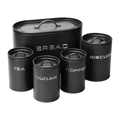 Image of simpa 5PC Stylish Matte Black Metal Kitchen Storage Set Including Oval Bread Bin and Round Biscuit Tin, Tea, Coffee Sugar Canisters.