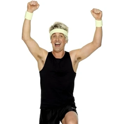 Image of Smiffys Sweatbands, Yellow 1 Headband and 2 Wristbands, 1980&#039;s Fancy Dress, 1980s Dress Up Accessories