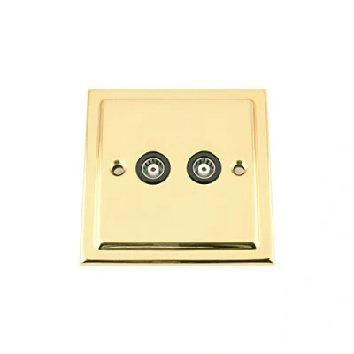 Image of TV Coaxial Aerial Socket Double 2 Gang Polished Brass Victorian Black Insert