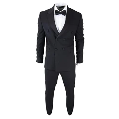 Image of Mens Double Breasted Black Tuxedo Suit Dinner Jacket Stripe Trouser Tux Classic Satin 48