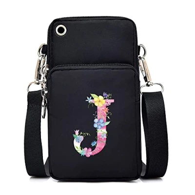 Image of FINDING CASE initial letter Printed Women Girls men Zipper Waterproof Nylon 3 Layers Crossbody Bags Wallet Cellphone Purse Shoulder Bag Wristlet Handbags Adjustable Strap (pink J)