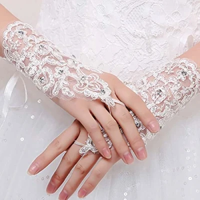 Image of SINLOV Bridal Lace Gloves Short Wedding Tulle Fingerless Evening Glove for Prom Party (White)
