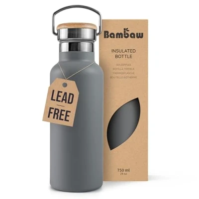 Image of Bambaw Insulated Water Bottle 750ml, Grey Bottle, Stainless Steel Leakproof Metal Eco Friendly with Bamboo Lid Stormy