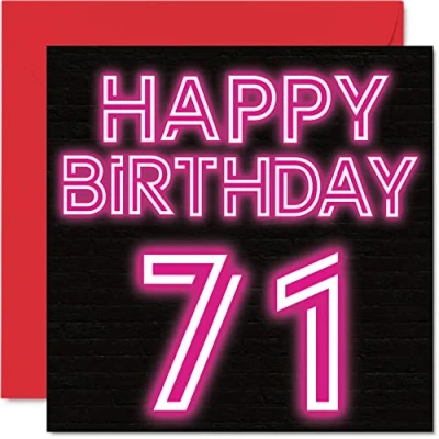 Image of Fun 71st Birthday Cards for Men Woman Neon Glow Happy Card Dad Mum Great Grandad Grandpa Nanny Grandma Gran Uncle Auntie, 145mm x Greeting Cards,
