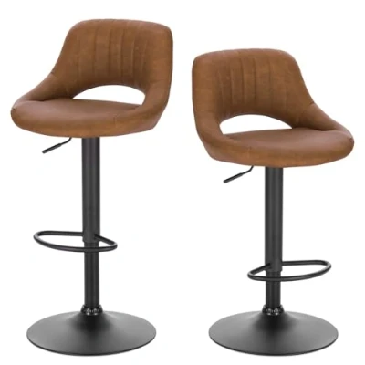 Image of Lestarain Bar Stools Set of 2 Adjustable &amp; Swivel Breakfast Kitchen Counter Pub Brown Classic Vintage Faux Leather Barstools Chairs Dining with Backs Footrest