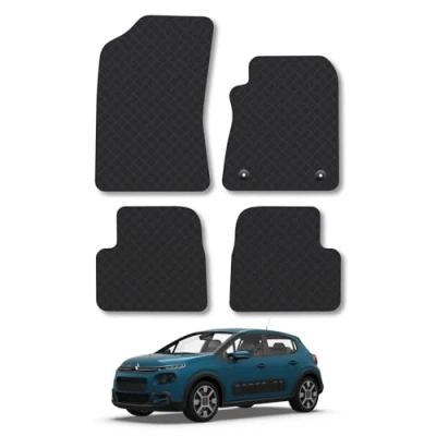 Image of Rubber Car Mats Compatible with Citroen C3 (2017+) Tailored Fit Floor Set Accessory Black Custom 4 Pieces Clips Anti Slip Backing, Heavy Duty &amp; Waterproof