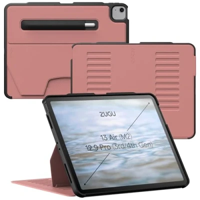 Image of Zugu iPad Air Case 13 inch M2 2024 / Pro 12.9 (3rd/4th Gen), Slim Protective Cover with Apple Pencil Holder, 10 Viewing Angles Auto Wake/Sleep (Desert Rose Pink)