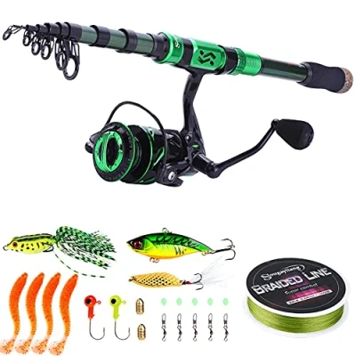 Image of Sougayilang Fishing Rod and Reel Combinations Telescopic Carbon Fibre Spinning 12+1BB with Carry Bag for Saltwater Freshwater Tackle 2.1M